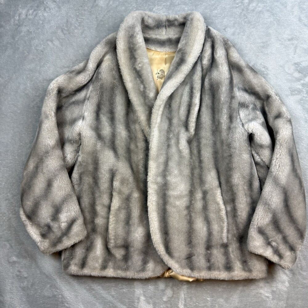 Vintage Penluna Faux Fur Coat Gray Striped Shawl Collar Women’s Jacket 80s